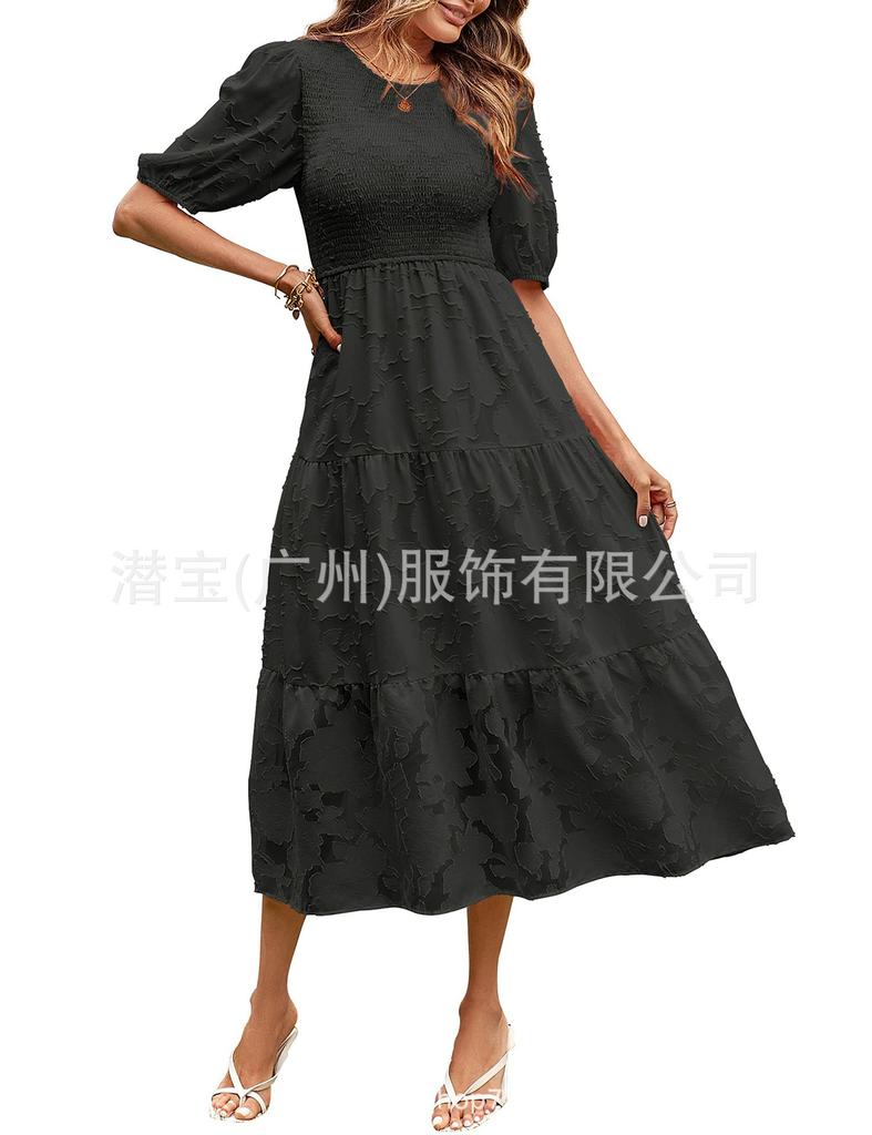 Spot new European and American women's clothing lace short sleeves front and rear collection waist crew neck dress women
