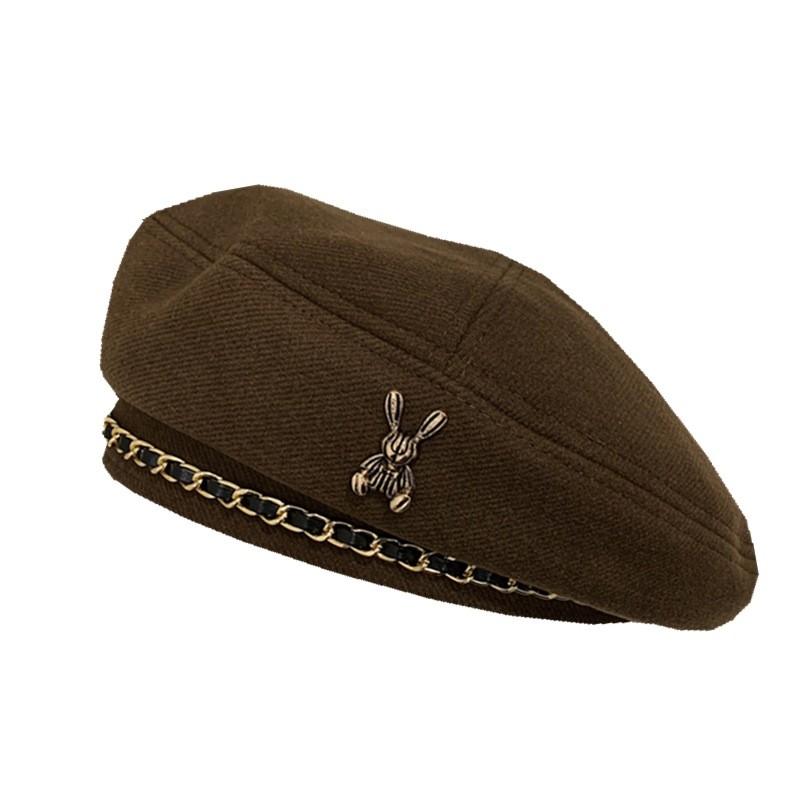 Retro Stylish Beret For Women Sweet Look With Embroidered Detail Chain