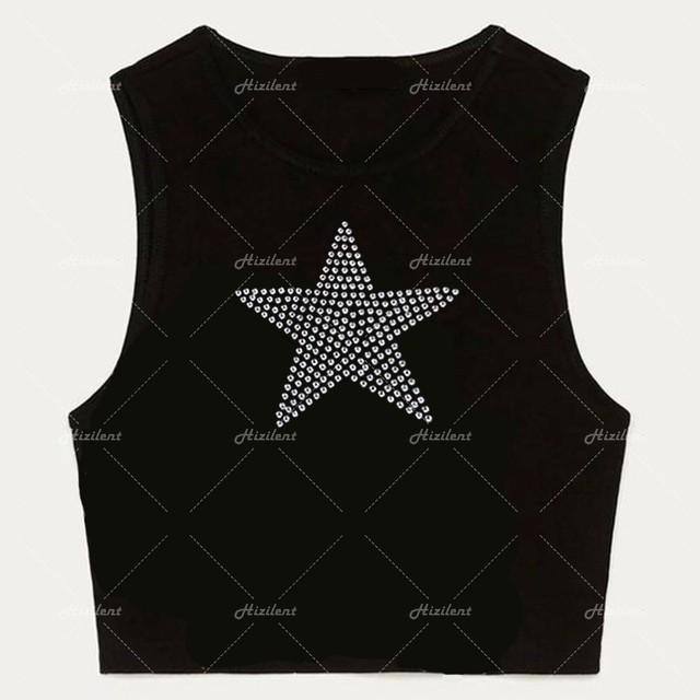Summer Slim Fit Short Top Sexy Black Women's Sleeveless Tank Top Water Diamond Print