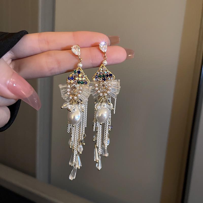 Retro Silbernadel Eingelegte Diamant Kristall Perlen Ohrringe - Luxuriöse Lange Europäische & Amerikanische Stil Ohrringe für Frauen