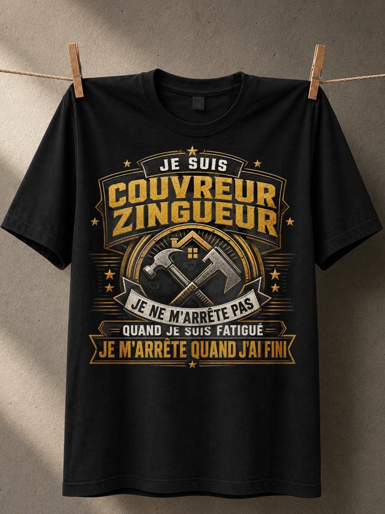 French Roofer With Couvreur Zingueur Lettering Crossed Hammer Tools House Stars And Gold Industrial Unisex All Tshirt