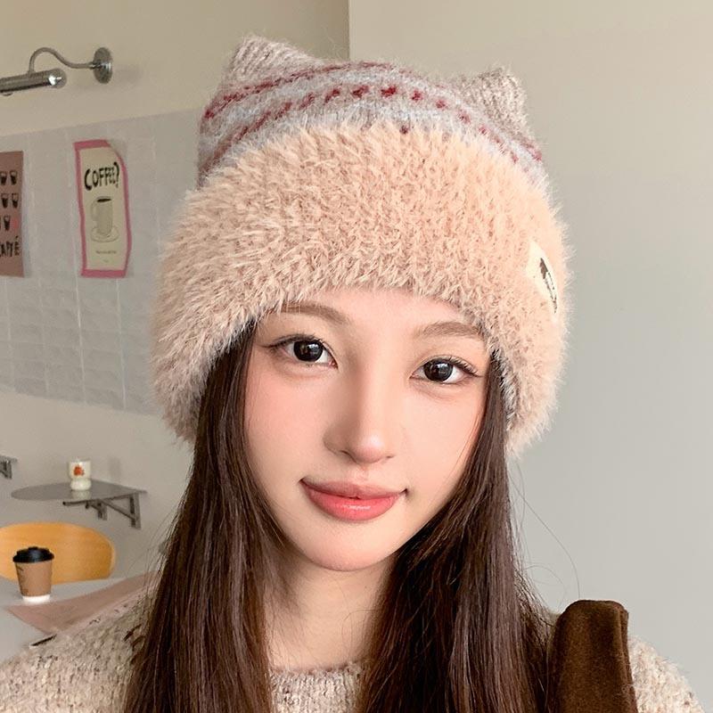 Cute cat ears Fair Island wind wool hat women's winter plush thermal headhat showing face small knitted hat