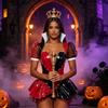 3PCS Halloween Red Queen Cosplay Costume Sets Bodysuits+Polka Dot Short Sleeve Cape And Stand Collar Neck Fancy Party Outfits