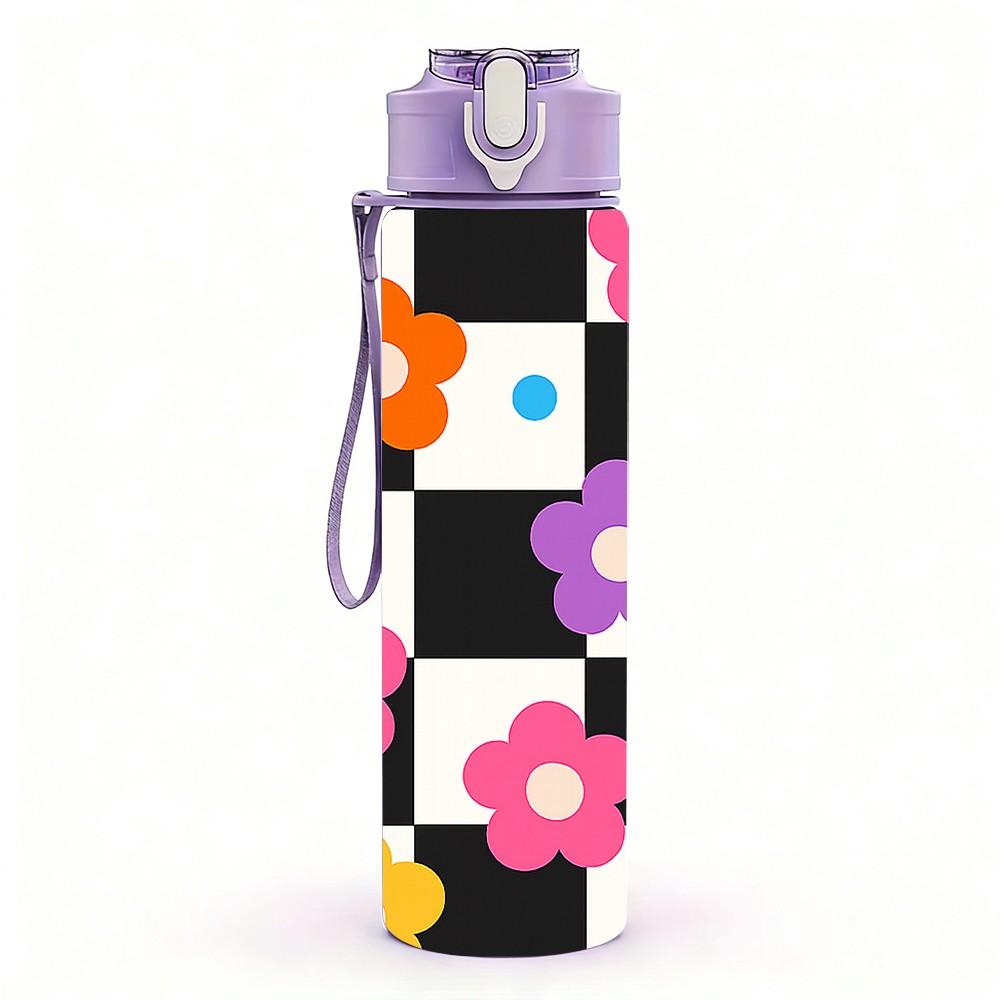 1PC Checkerboard Color Daisy Flower Print 750ml Color Plastic Sports Water Bottle Leakproof Flip Straw Lid Suitable for Sports Office Home Use