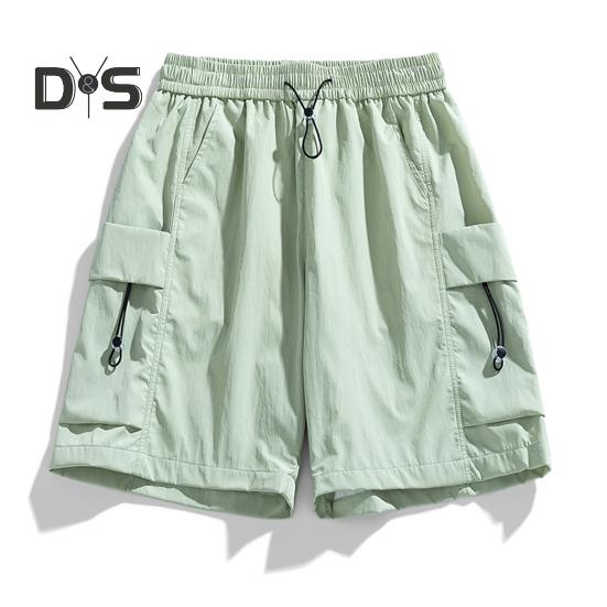 Pantaloni scurți pentru bărbați, cu talie elastică și șnur reglabil, sport, cu buzunare multiple, culoare solidă, croială lejeră, pantaloni scurți casual