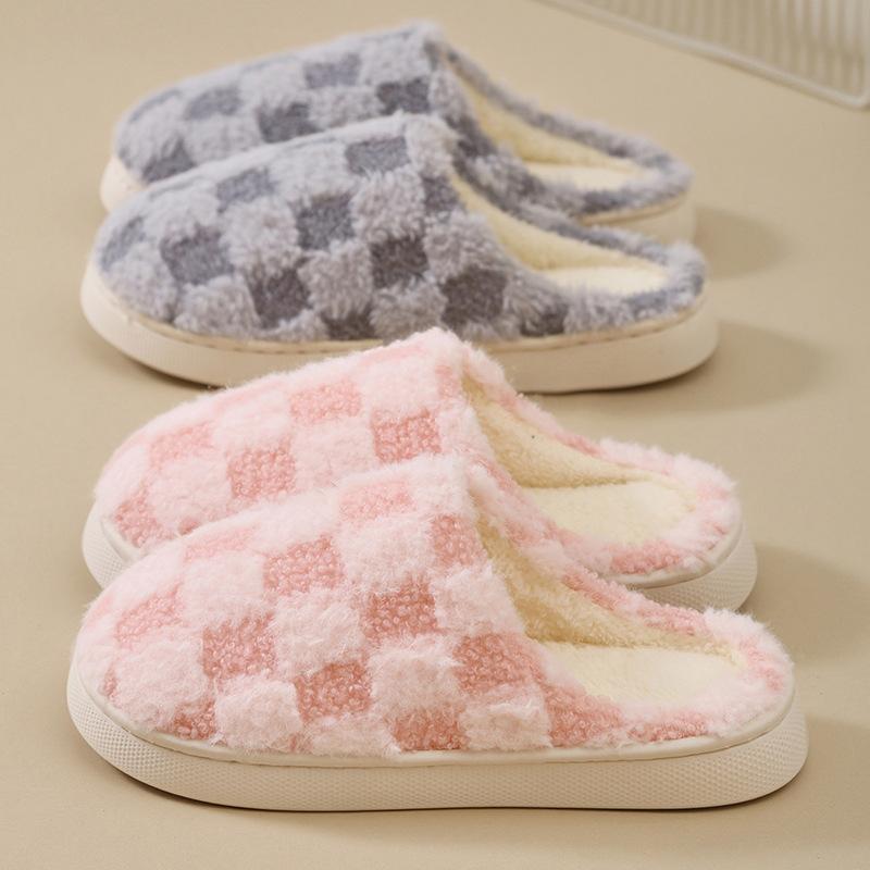 Couple cotton slippers thick-bottomed plaid autumn and winter cute flat-bottomed slippers winter velvet warm cotton shoes