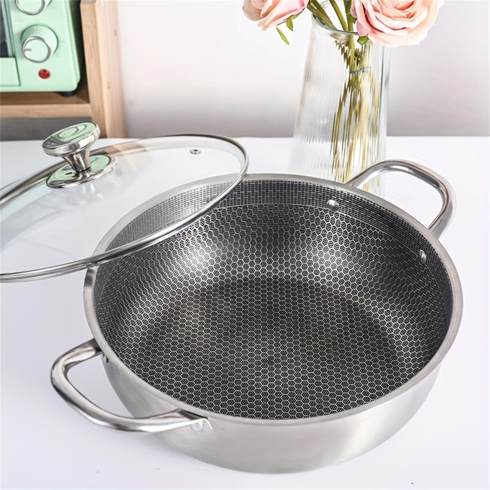 Stainless Steel Honeycomb Non-Stick Double-Handle Wok with Lid, Multi-Functional Home Frying, Stir-Frying, and Stewing Pot