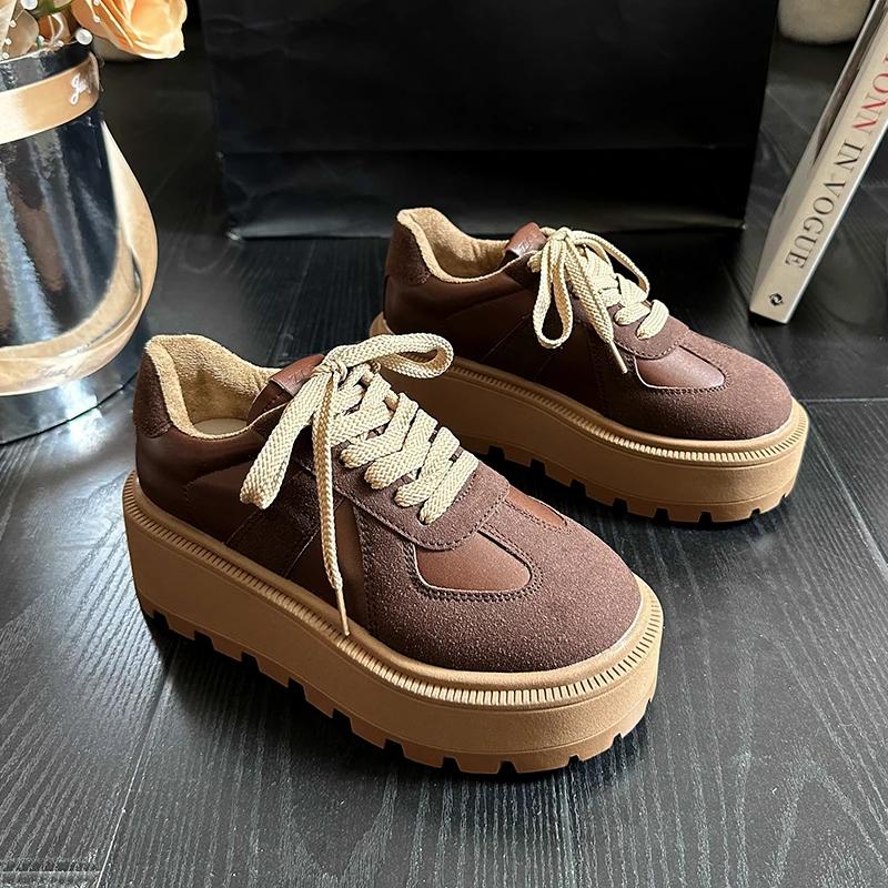 Móda 2024 Podzim Nové Boty na silné podrážce Jednoduché Dámské Kulatá špička Leopardí potisk Barevné sladění Šněrovací Vycházkové boty s nízkým svrškem