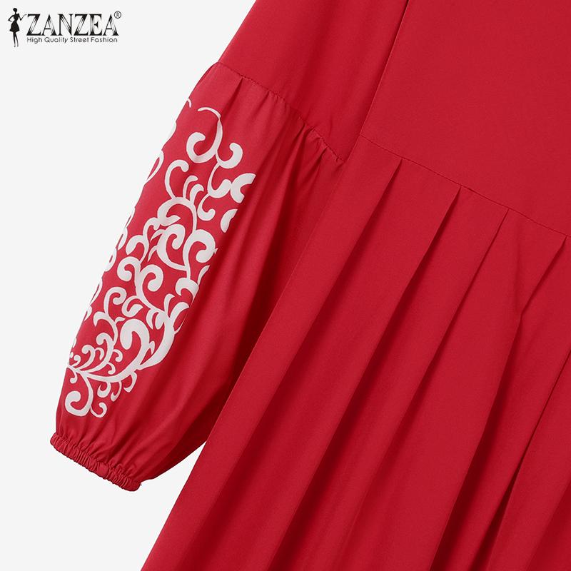ZANZEA Women Print Patchwork Elasticated Cuffs Lantern Sleeves Casual Long Dress