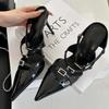 Pesstwei Designer Sexy Patent Leather  Pointed Toe Slippers Women Pumps Sandals Narrow Band Thin Heel Slingback Mules Shoes Size 40