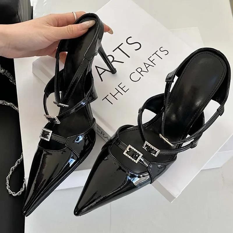 Pesstwei Designer Sexy Patent Leather Pointed Toe Slippers Women Pumps Sandals Narrow Band Thin Heel Slingback Mules Shoes Size 40