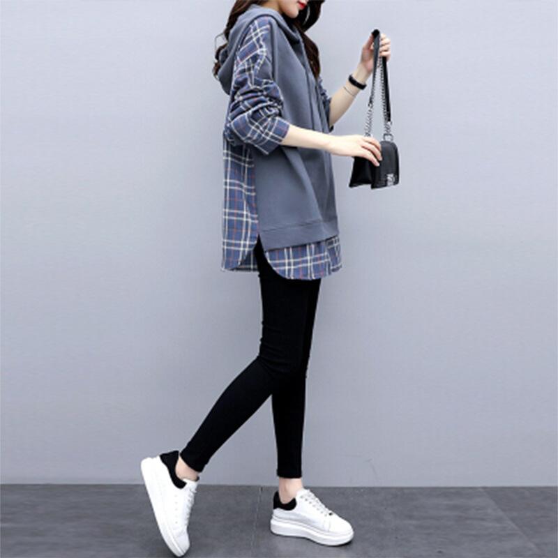 Women's Hooded Fake Two-Piece Sweatshirt Loose Plaid Patchwork Midi Tunic Top Plus Size Elegant Commuter Fall Blouse