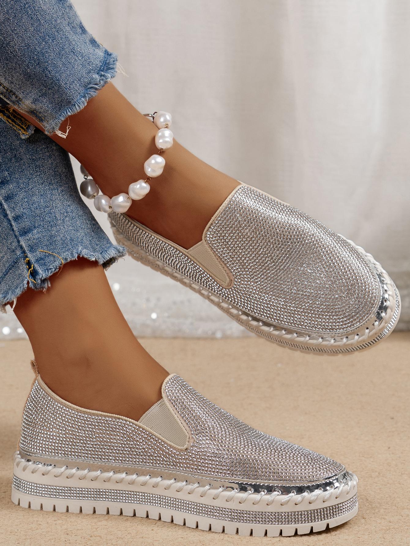 

Женские лоферы большого размера на плоской подошве, весенние новые дизайнерские модельные туфли с кристаллами, удобные прогулочные туфли, Zapatos Mujer Q84 39 серебряный