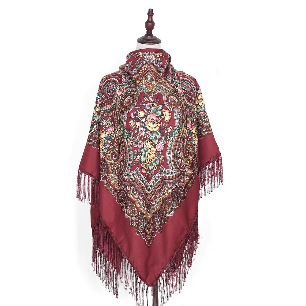 135*135cm Russian Square Scarf Shawl Women Ethnic Style Floral Print Fringed Bandana Babushka Handkerchief Head Wraps