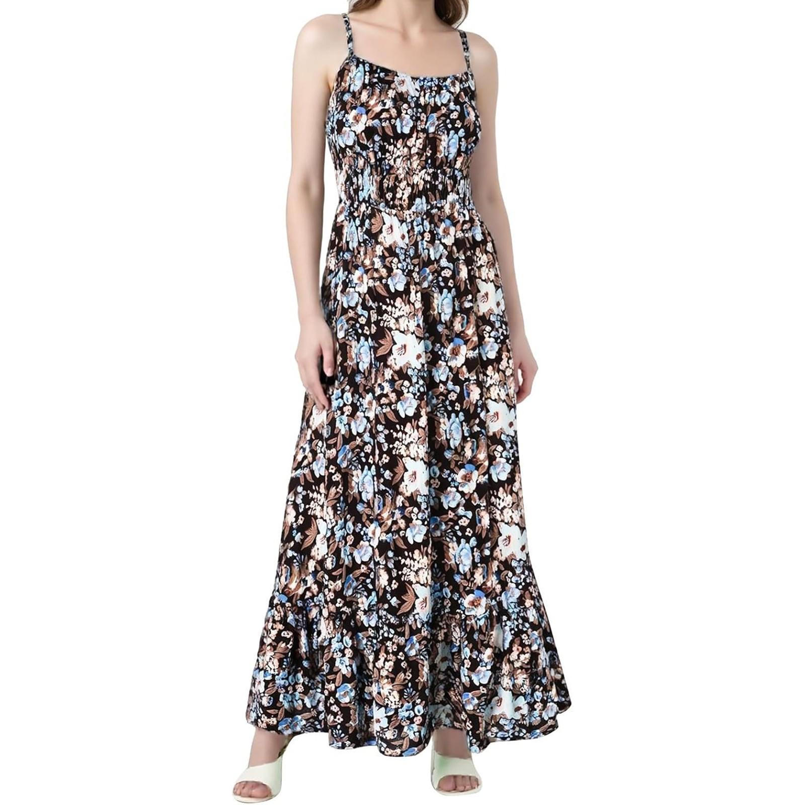 

Floral Boho Dress For Women Ruffle Hem Sleeveless Maxi Dress Spaghetti Strap Smocked Beach Long Dresses XXXL чёрный