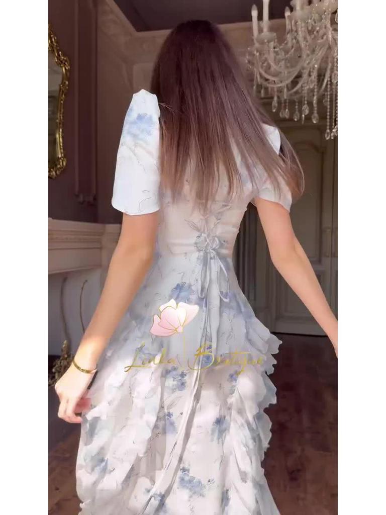 Women's 2025 Spring Retro Elegant Short Sleeve Waist-Cinching Long Dress