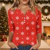 Women's Casual Christmas Print V-Neck 3/4 Sleeve T-Shirt Top with Decorative Buttons