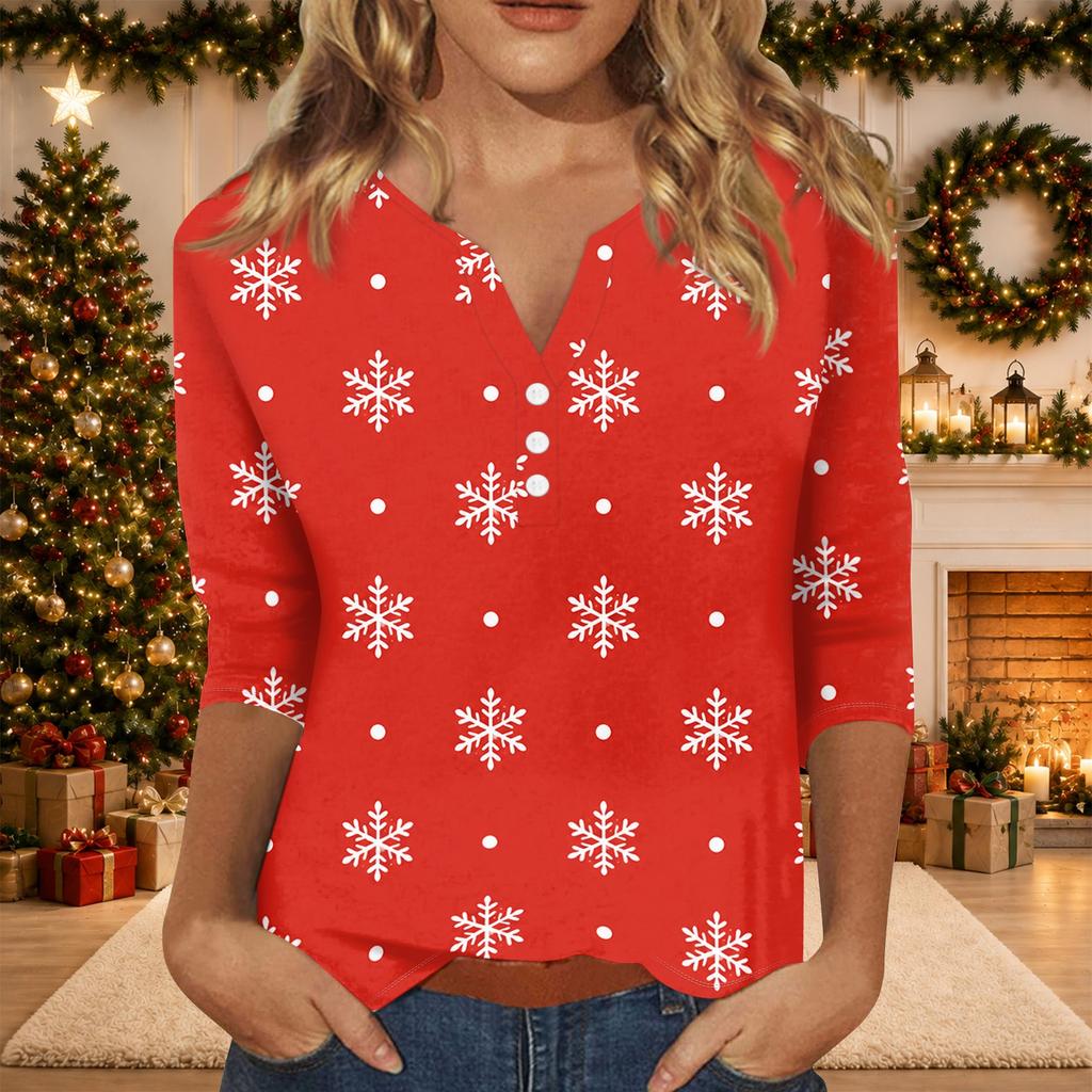 Women's Casual Christmas Print V-Neck 3/4 Sleeve T-Shirt Top with Decorative Buttons