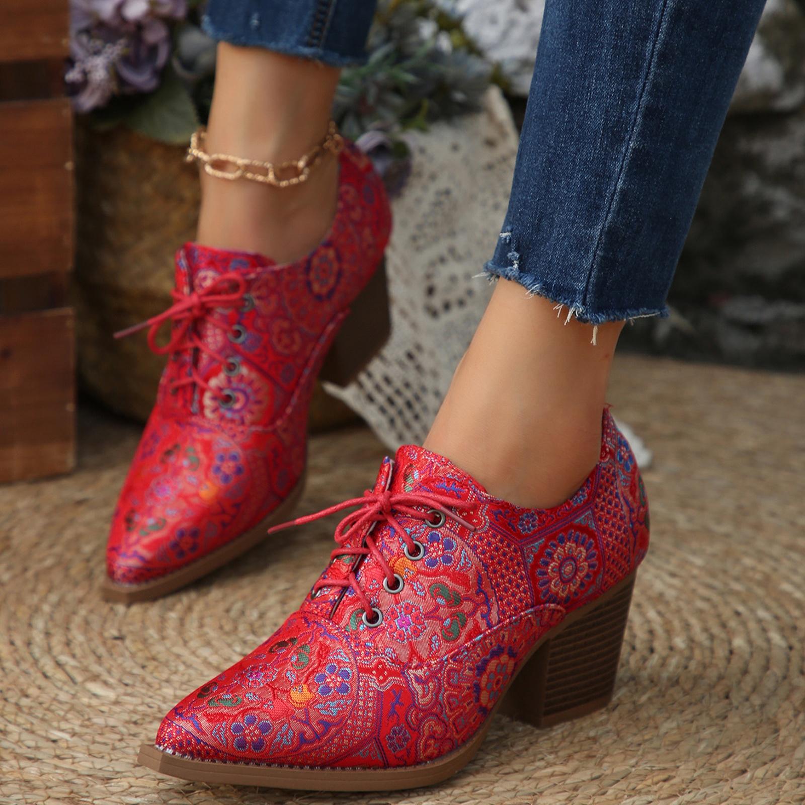 

Spring Printed Boots Lace,Up Block Heel Pointed Toe 42 червоний
