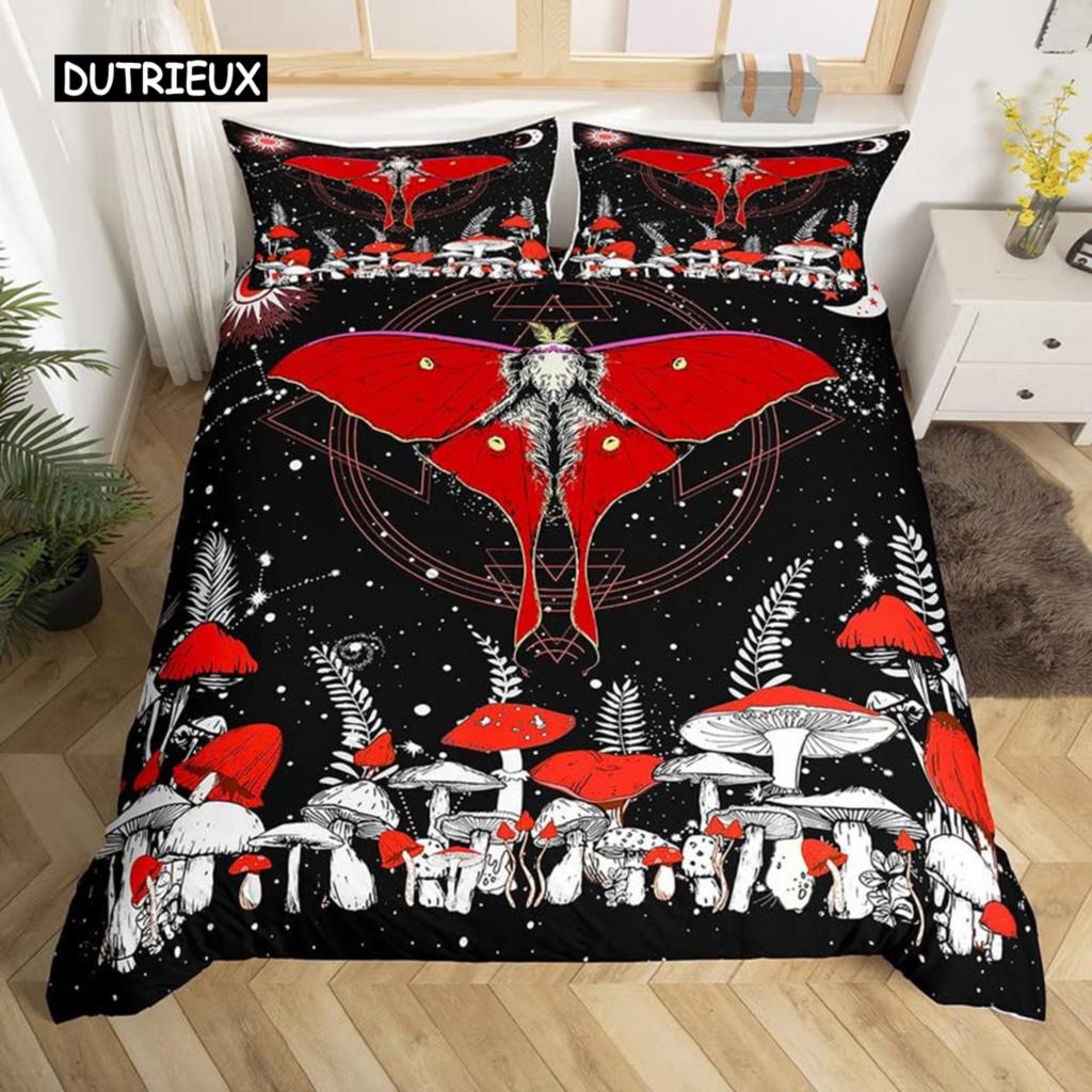 Butterfly And Death Moth Duvet Cover Queen Gothic Skull Flower Star Sky Moon Bedding Set Polyester Boho Exotic Black Quilt Cover