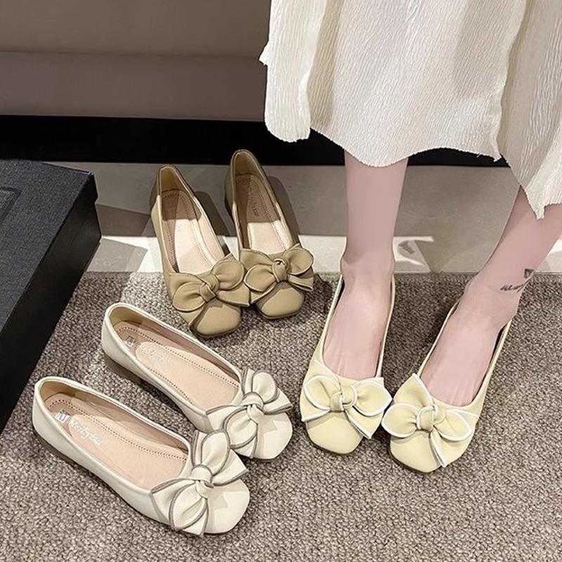 Niche Bow Square Head Shallow Mouth Single Shoes Women's Spring and Autumn New Pregnant Women Ladyshoes Flat Shoes