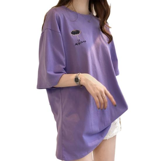 

Женская футболка с вышивкой в виде зонта, с коротким рукавом, с круглым вырезом, оверсайз, топ, длинная блузка XL фиолетовый