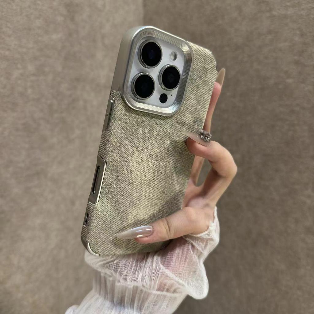 Compatible with iPhone 17 Pro Max, denim texture electroplated leather case, Apple 16 and 15 drop-proof full coverage for women.