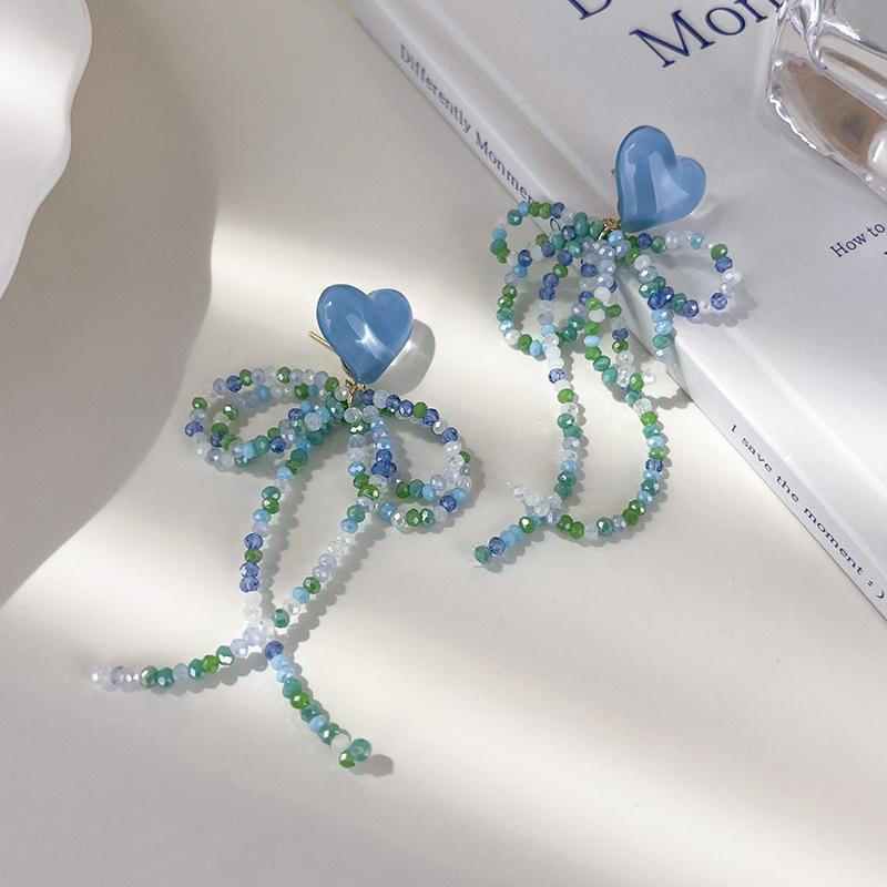 

Летние серьги с синим бантом и кристаллами, длинные стильные женские серьги с кисточками синий