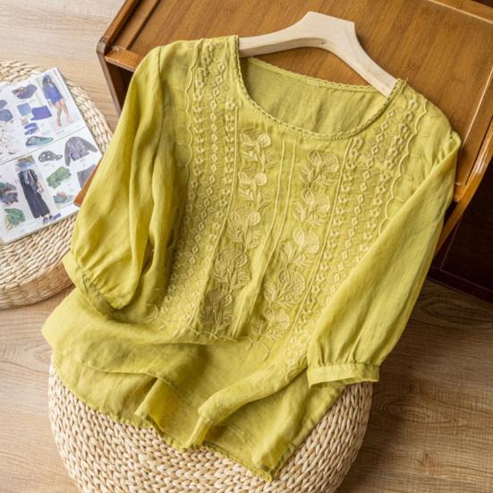 Women Tops Round Neck 3/4 Sleeve Puff Sleeve Loose Fit Casual Tops Embroidery Irregular Hem Blouse Spring Summer Wear
