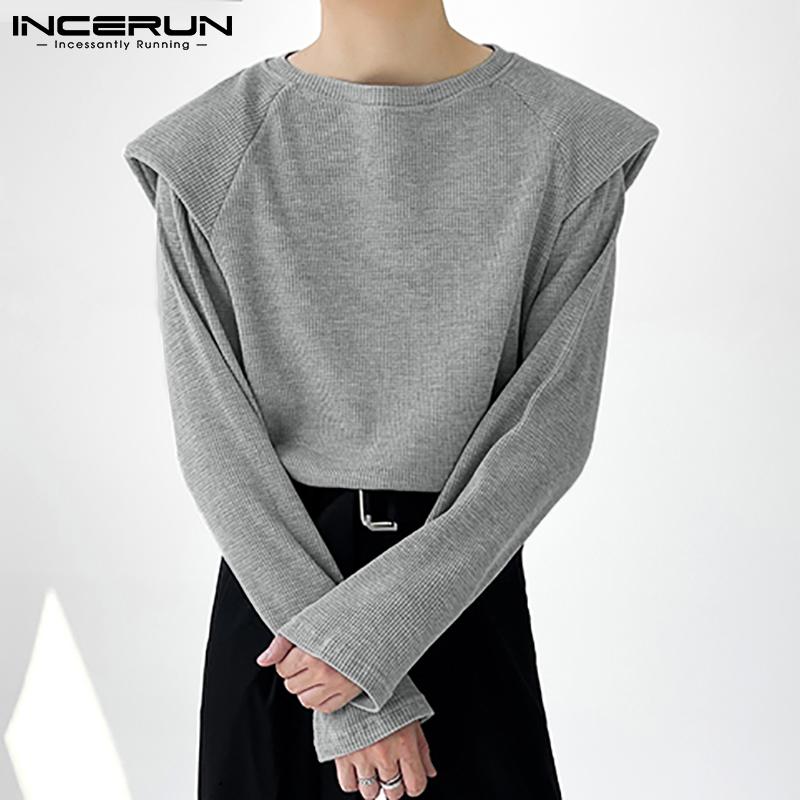 

INCERUN весенняя модная мужская клубная одежда вязаные футболки с длинными рукавами однотонный свитер однотонные повседневные свободные топы плюс размеры блузка