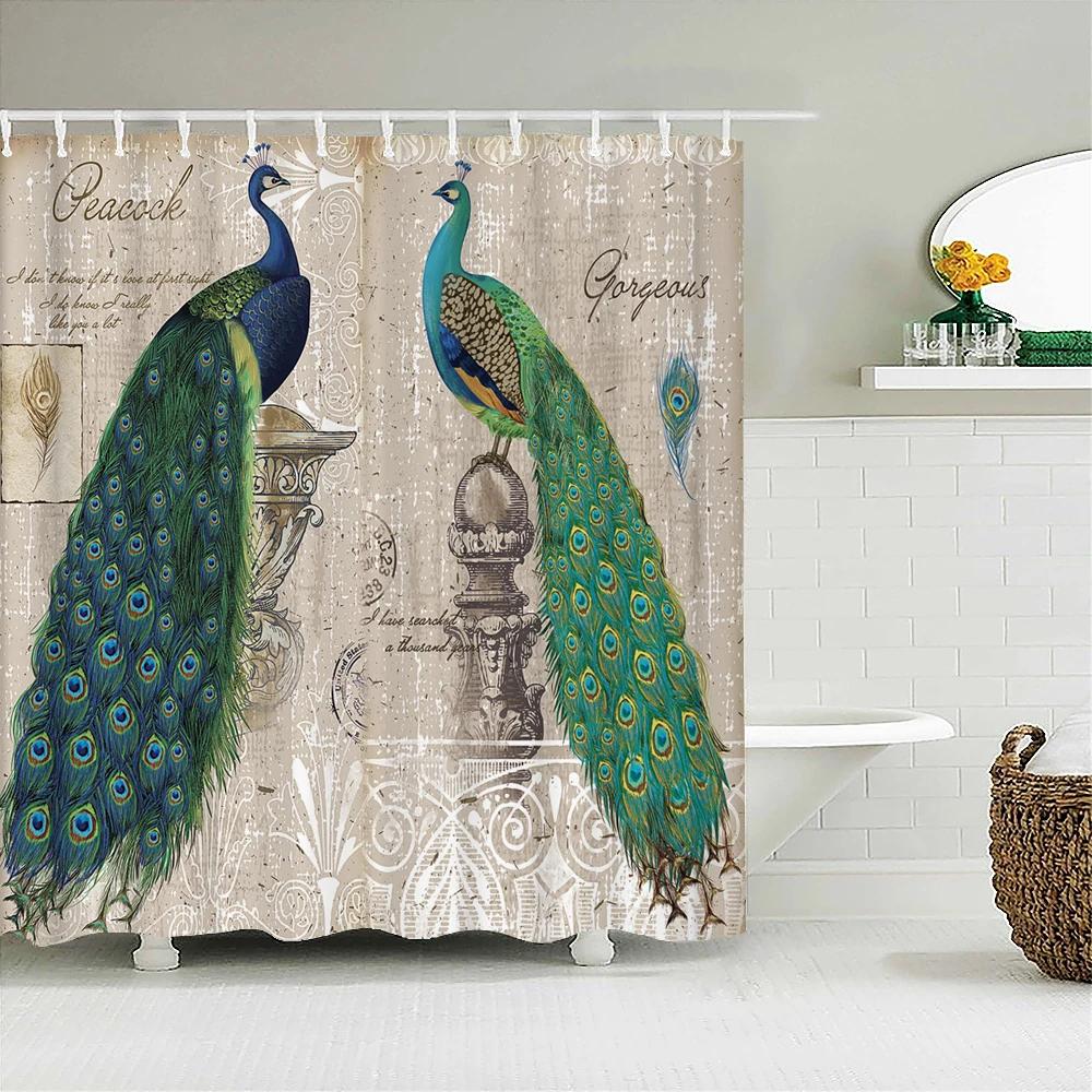 Peacocks Shower Curtains Chinese Birds Feather Bathroom Curtains Retro Flower Waterproof Polyester Bathtub Screen With Hooks