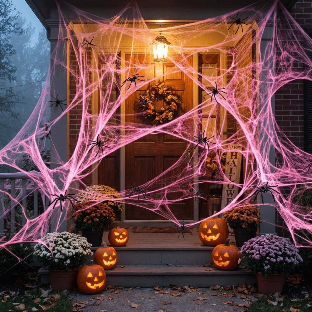 Elastisches Spinnennetz Rosa Falsches Spinnennetz Horror-Atmosphäre Baumwoll-Spinnweben Spukhaus