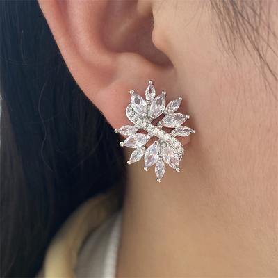 Luxury Crystal Cubic Zircon Stud Earrings for Women Delicate Copper Color Bridal Earring Flower Handmade Wedding Zircon