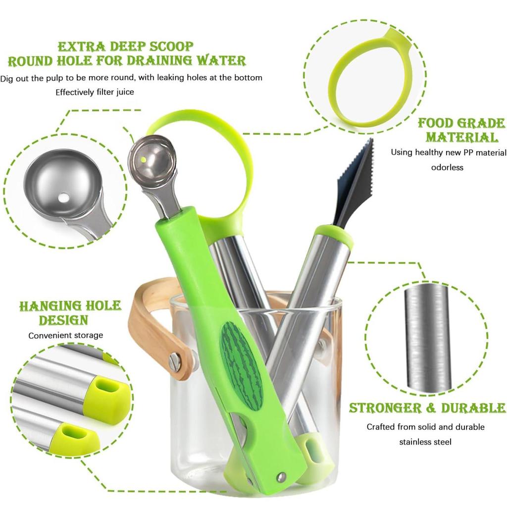 Watermelon Cutter Slicer with Melon Baller Scoop Set, Fruit Scooper Knife for Dig Pulp Separator, Watermelon Knife Fruit Cutters Shapes