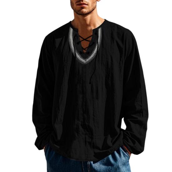 Camicia Casual da Uomo con Lacci Scollo a V Vestibilità Ampia Maniche Lunghe Camicia Vintage Etnica Boho Primavera Autunno Cotone Traspirante Felpa Top da Uomo