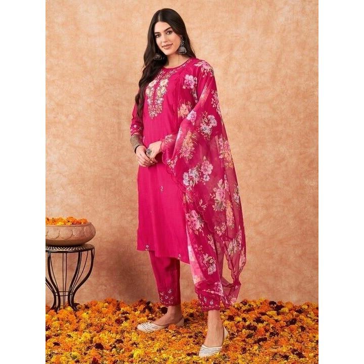 Indian Viscose Chanderi Kurta Set Women Wedding Wear Kurti Pant Dupatta Set V-101