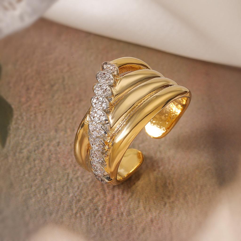 Two-Tone Geometric Open Cubic Zirconia Ring for Women, Adjustable Ins Fashion Jewelry, Minimalist Luxury Gift