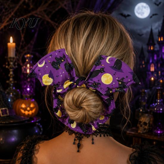 Halloween Hair Ties for Women Bat Shape Scrunchies Girls, Soft Elastic Ponytail Holders with Spooky Pumpkin/Spider Web/Black Cat Prints Holiday Party