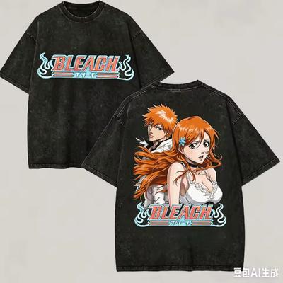 Sommar Bleach Ichigo Orihime Vintage Tvättad Dubbelsidig Anime Grafisk Svart T-shirt Unisex Oversized Y2K Streetwear Bomulls T-shirt