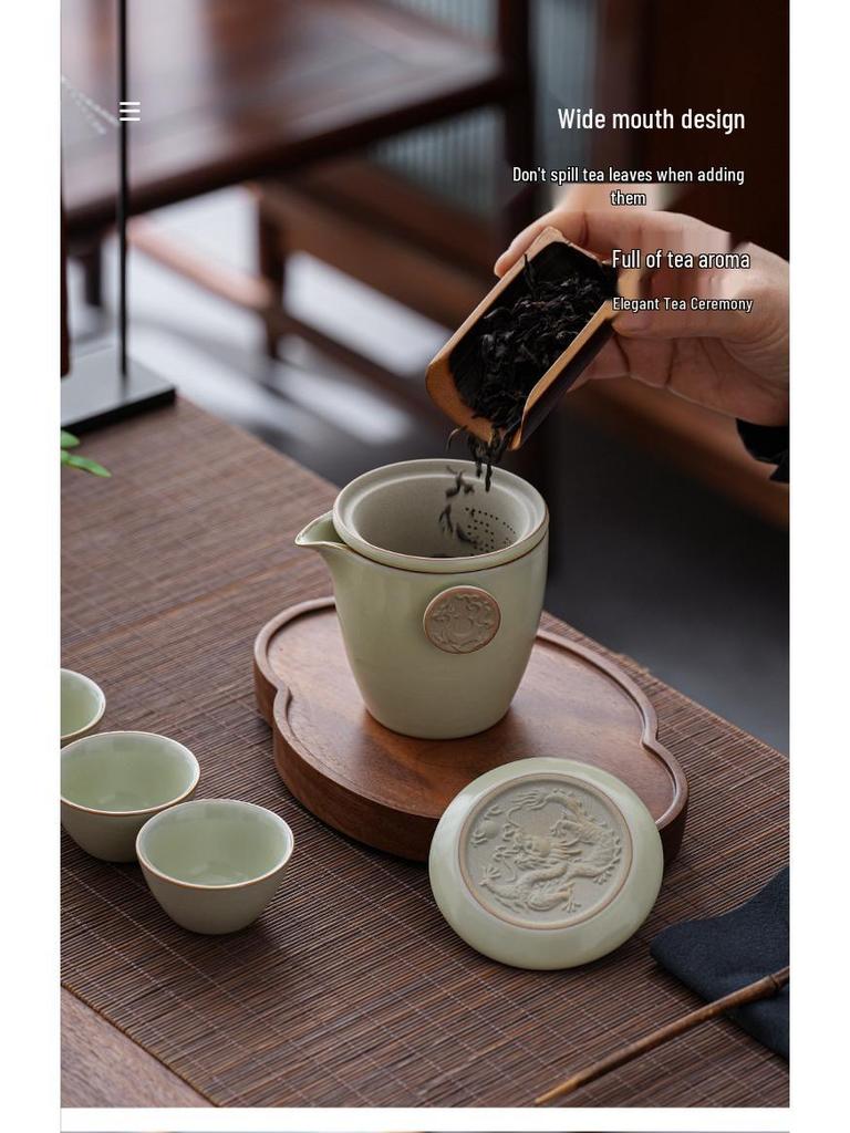 Compact Ru Kiln Travel Tea Set: Portable Quick-Brew Teapot & Teacups for One