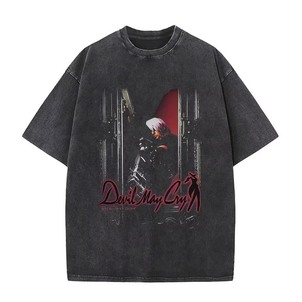 Game Devil May Cry Dante Vintage Acid Washed T-shirt Men Gothic Retro Fashion Short Sleeve T Shirts Male Hip Hop Streetwear