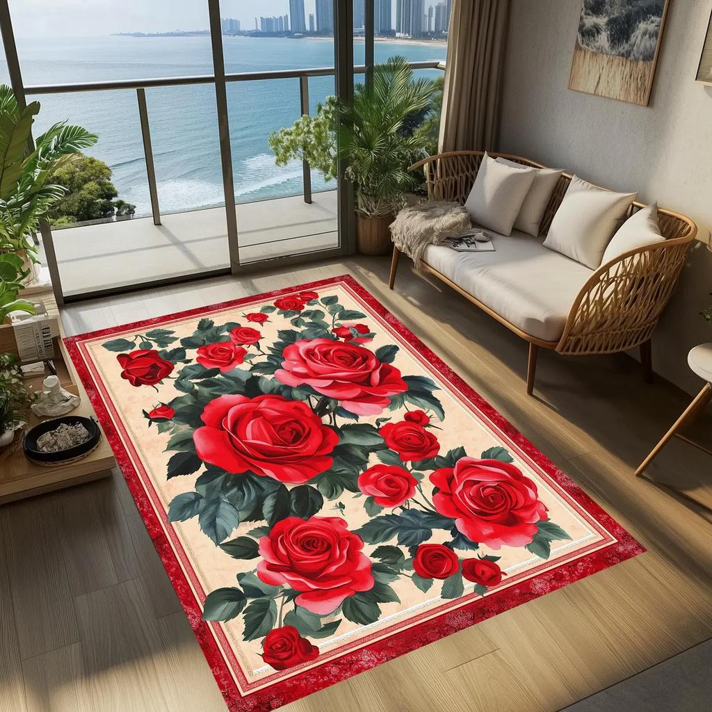 Retro Rose Flower Carpet Living Room Large Area Decoration Sofa Rug for Bedroom Cloakroom Non-slip Floor Mat