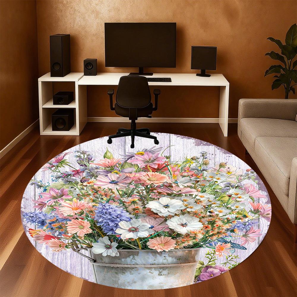 1PC Flowers Bucket Office Round Area Rug, Under Office Chairs Bedroom Living Room Home Decor, Carpet for Office -1110024