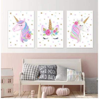 Wall Art Pictures Kids Living Room Decoration Cartoon Pink Unicorn Poster Baby Room Nursery Prints Art Canvas Painting