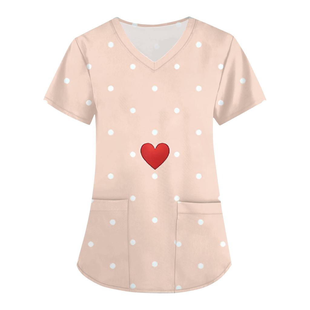 Women's Fashion V,Neck Short Sleeve Overalls With Pockets Valentine's Day Printed Tops Clothes