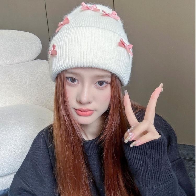 Handmade Winter Beanie Hat with Bowknot Decor Hat Adult Skiing Shopping Hat