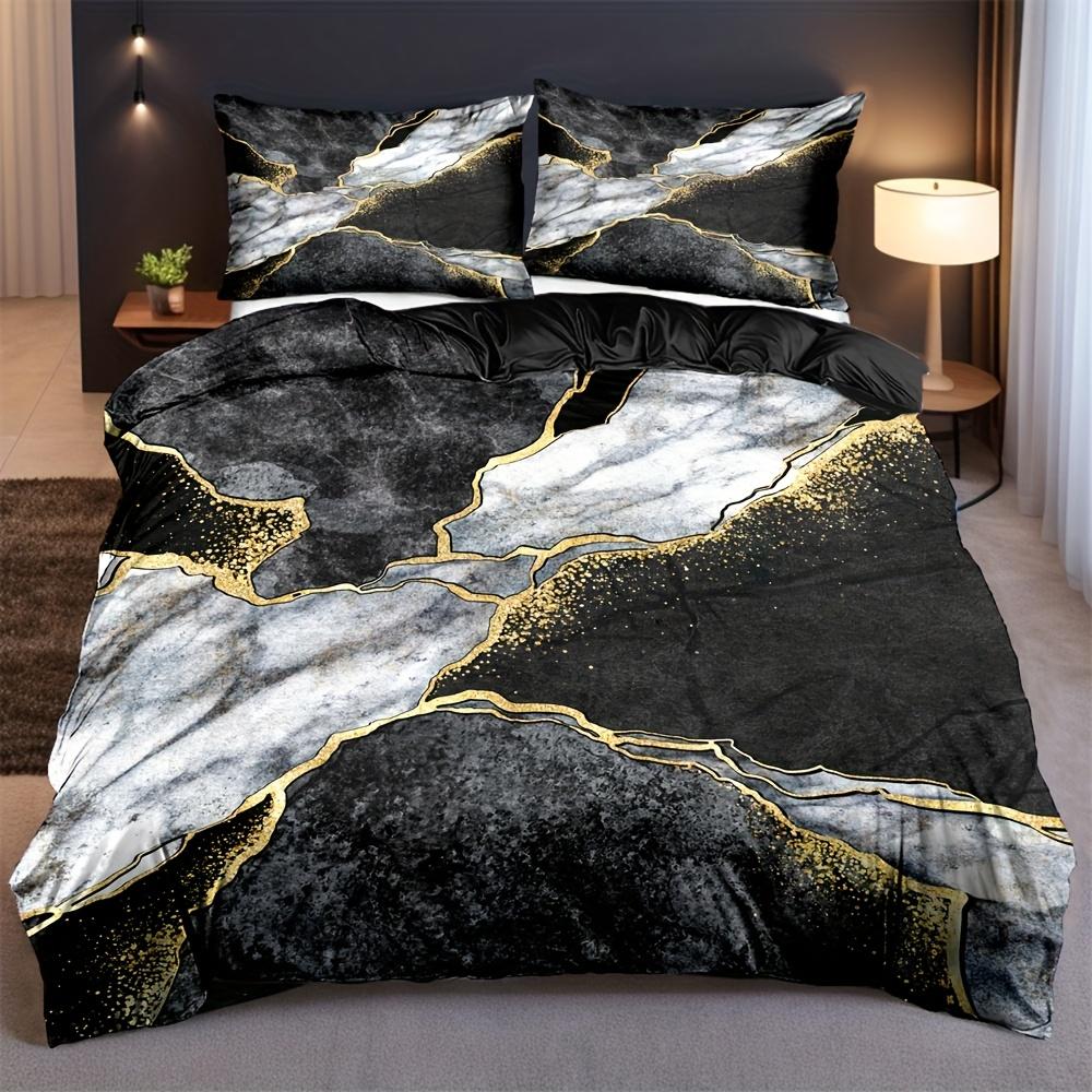 2/3Pcs Soft Black Golden Marble Printed Duvet Covers - Fashionable And Comfortable Bedding Suitable For Bedrooms And Dormitories