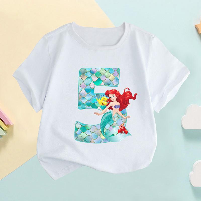 The Little Mermaid Ariel Princess Number Print Girls Clothes 1 2 3 4 5 6 7 8 9 Years Birthday Kids T Shirt Baby T-Shirt