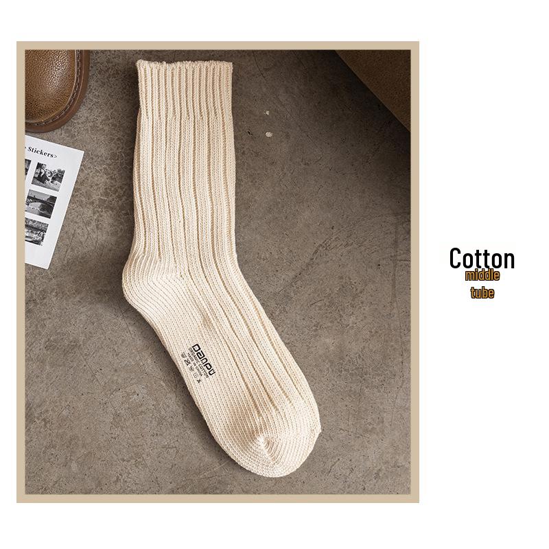 Japanese Style Thick Knit Cotton Socks - Ecru, Breathable, Mid-Calf, Unisex