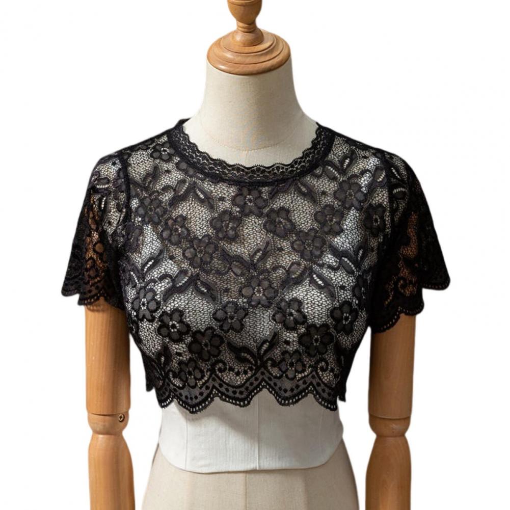 

Ложный воротник, женский базовый топ, женская одежда, кружево, однотонный, прозрачный, с вышивкой цветов, короткие рукава, низ, круглый вырез, быстрая доставка XL чёрный